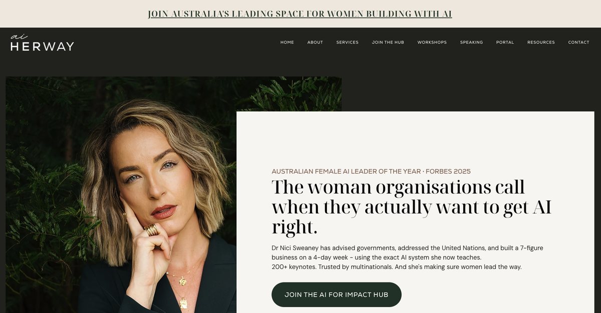 The AI Her Way homepage, introducing Dr Nici Sweaney and the AI for Impact Hub.