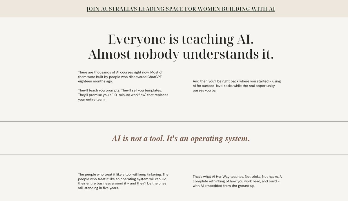 An AI Her Way page section reading 'Everyone is teaching AI. Almost nobody understands it.' and 'AI is not a tool. It's an operating system.'