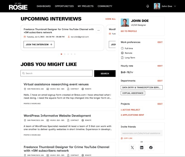 Rosie dashboard — upcoming interviews and recommended opportunities