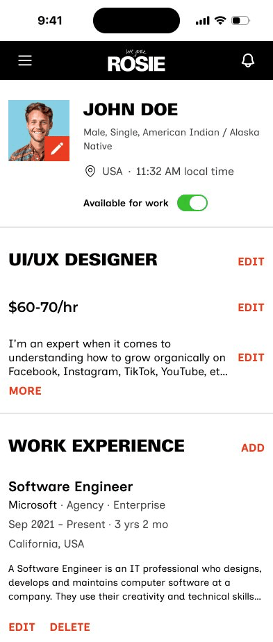 Rosie profile — mobile app